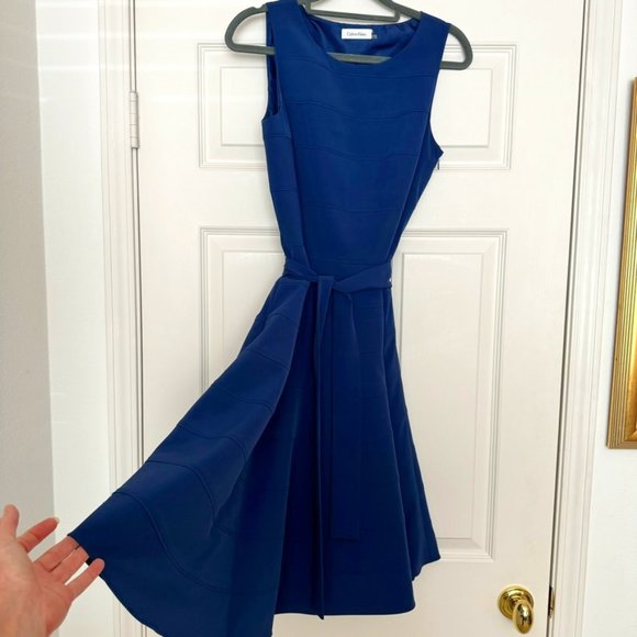 CALVIN KLEIN Belted Fit Flare Dress Blue Details Size 2 Like New from Saks - Picture 1 of 11